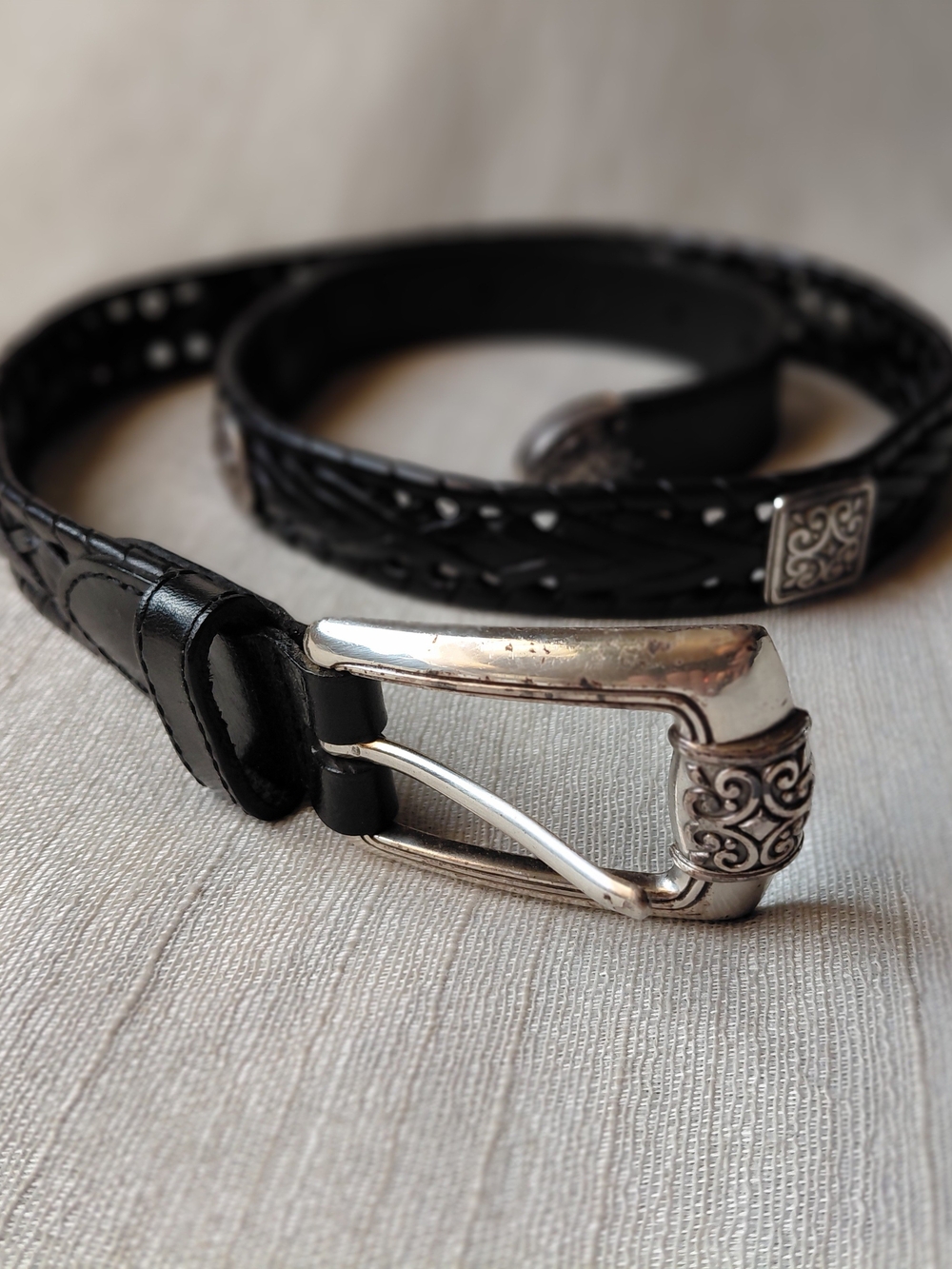 Vintage Fossil Black Braided Leather Belt Silver Ornate Buckle Small BT7869